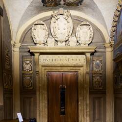 Entrance to the Stabat Mater Hall, the auditorium of the Legisti — Palazzo dell'Archiginnasio.