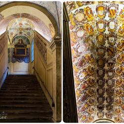 Grand staircase detail ... Artists' staircase (L); and ceiling of the Legisti staircase.