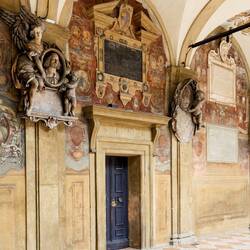 Heavily embellished entrance to one of the classrooms on the lower level of the loggia.