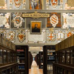 Sala Rusconi & former classrooms hold the library's book collection ... seen from Stabat Mater Hall.