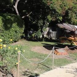Animatronics butterfly. The waterfall in the background