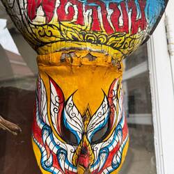 A handmade Phi Ta Khon mask, used in the Ghost Festival. It represents a scary spirit