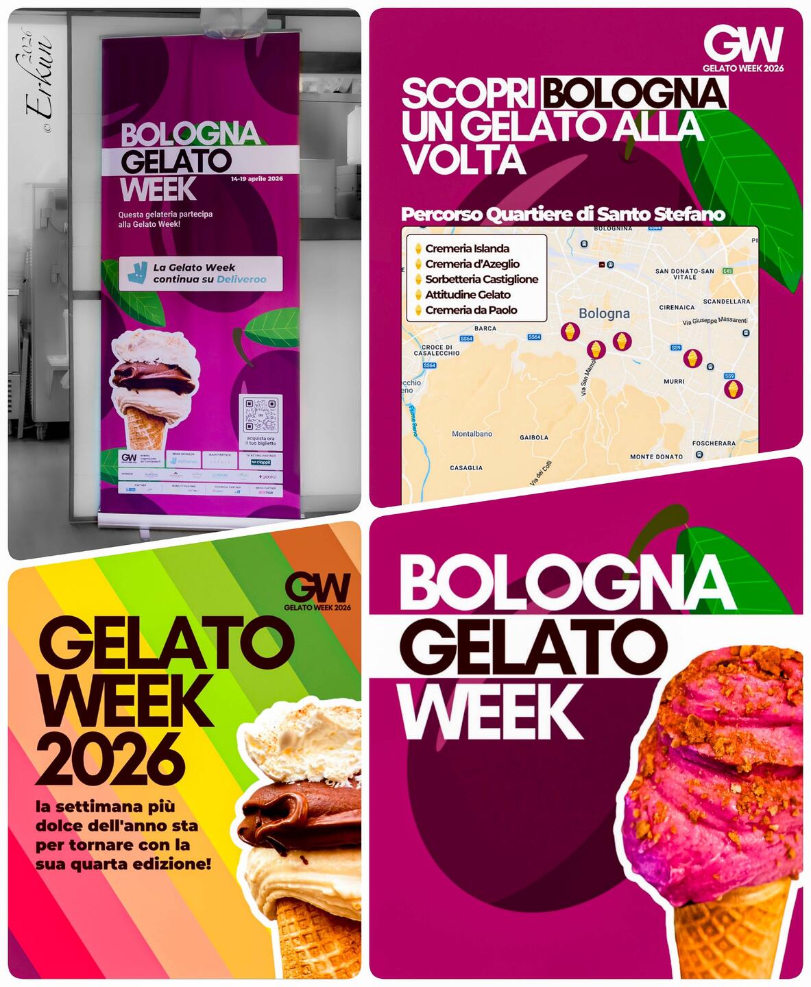 Announcements for Gelato Week and a map showing the participating gelaterie on our route — Bologna.