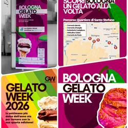 Announcements for Gelato Week and a map showing the participating gelaterie on our route — Bologna.