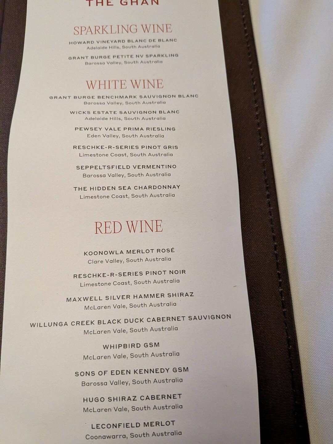 Wine list Dinner on Saturday.