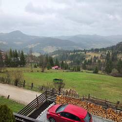 View from the balcony outside our room at Casa Codrillo, a tiny hotel in Lacu Rosu, Bicaz Gorge.