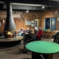 Socializing around the fire place.