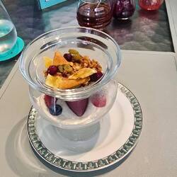 Desert, vanilla yogurt, acai sherbet and granola