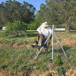 Climbing through a hole in the fence at the rest area.