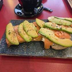 I had salmon, cream cheese, avocado toast and coffee