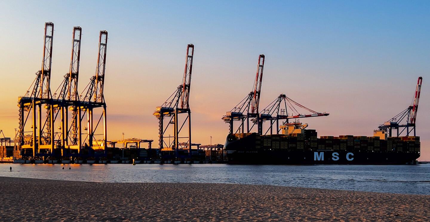 Blick auf den Danziger Containerhafen vom Strand aus.