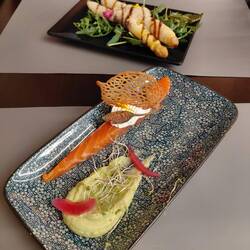 First course, white asparagus and confit salmon