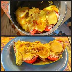 Omelette mit gebratenen Kartoffelscheiben, Schinken, Tomate und Mozzarella