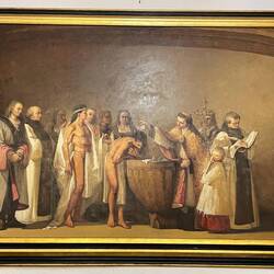 Riesiges Bild in der Kathedrale: Kolumbus (links) hat Indigene zur Taufe nach Spanien gebracht.