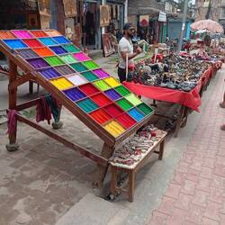 Colorful dies for rubber stamps at our entrance to the cremation site