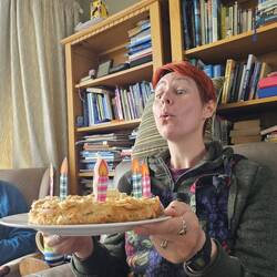 Sarah made Vicky a delicious almond encrusted birthday cake. Thank you Sarah