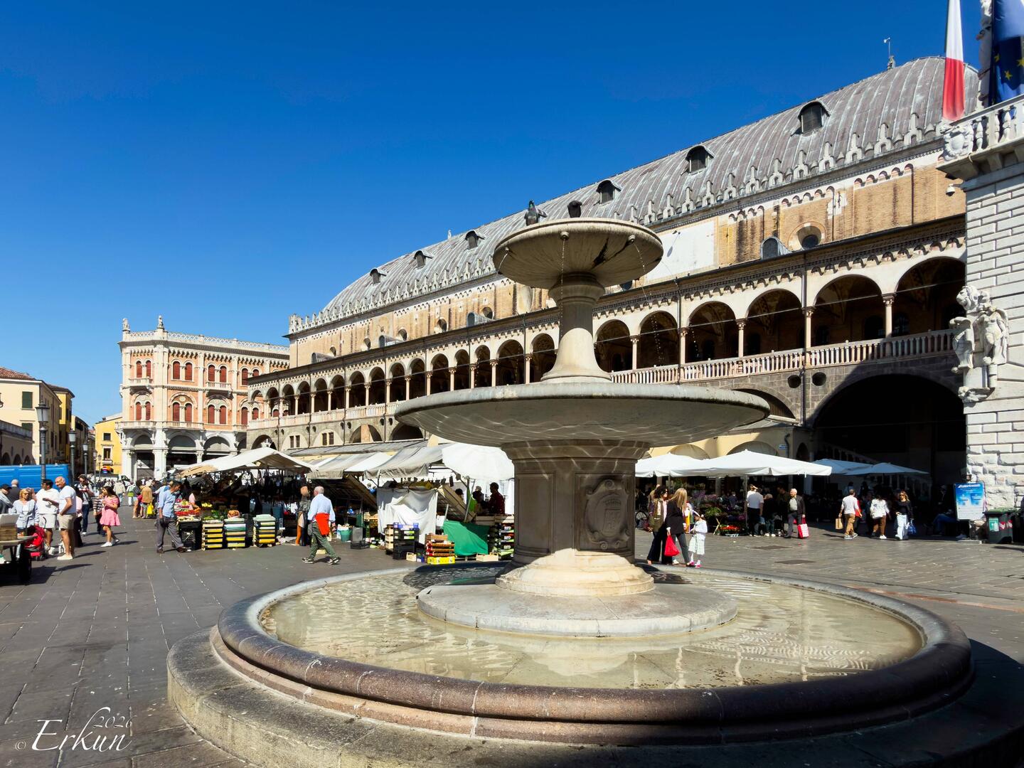 Palazzo della Ragione ... and the Fontanella di Piazza delle Erbe ... on market day — Padova, Italy.