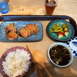 Delicious salmon with miso, rice, and pickled peppers