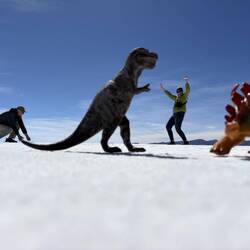 Playing with perspective on the salt flats--here Michael tries to save Melissa from dinosaurs.