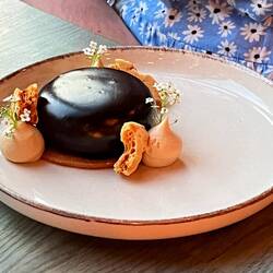 Chocolate mousse with honeycomb and hazelnuts