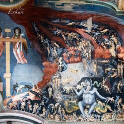 Falling into the maw of hell; Prince of Hell sitting on a dragon — Scrovegni Chapel.