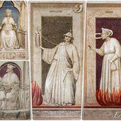 Virtues & Vices: Justice & Injustice (top/bottom left); Infidelity; Envy (right) — Scrovegni Chapel.