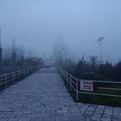 World Peace Pagoda in before-sunrise fog