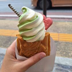 Taiyaki mit roter Bohnenpaste als Basis und obendrauf Matcha-Vanille-Eis