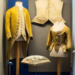 Collection of 18th century clothing and accessories.