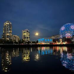Science World and some of Vancouver's skyline at night.