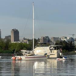 Jet ski towing sailboat. (Probably moving it to stay legal as only allowed to anchor so many nights)
