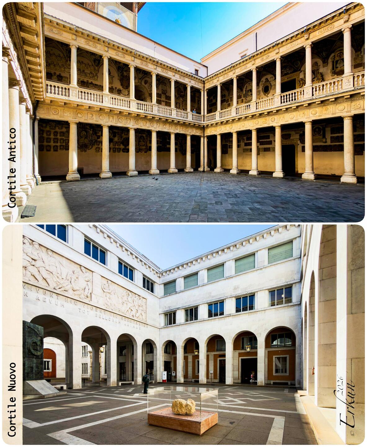 Ancient (top) and new courtyards at Palazzo del Bo — Padova, Italy.
