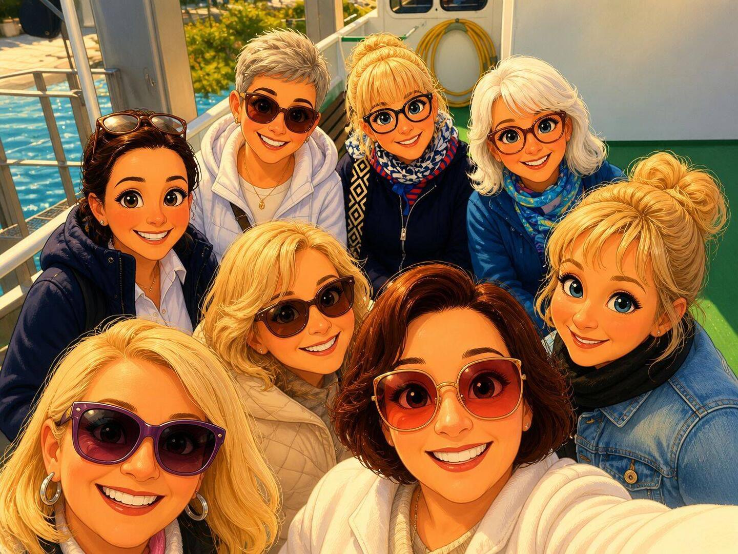 Simmi, Wolfen, Erbse, Claudi, Dagi, Beate, Ines, Antje (von links nach rechts und unten nach oben)
