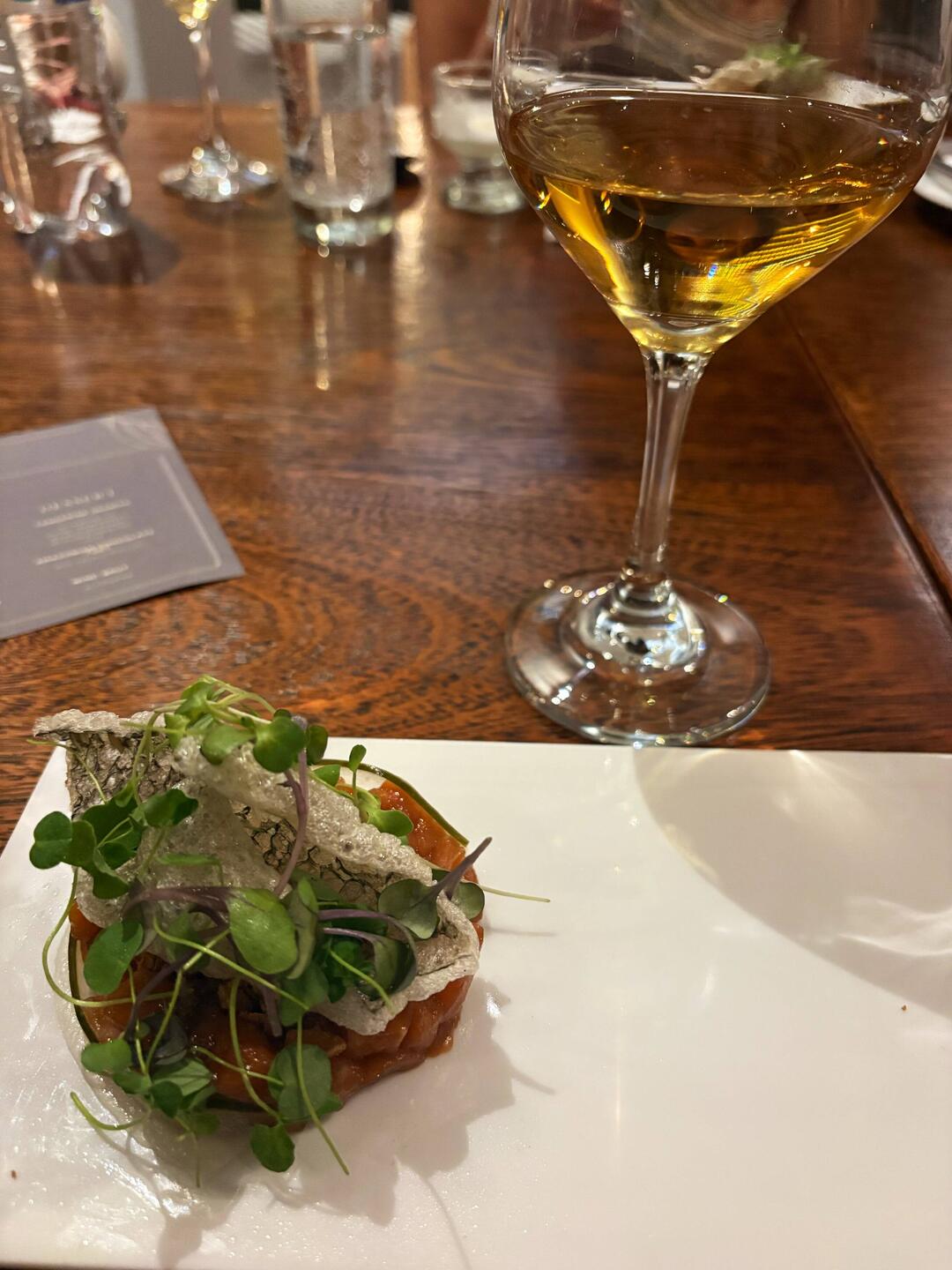 Trout appetizer and Bolivian wine