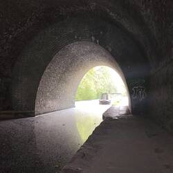 Travelling under the railway bridge. The water is covered in Willow seed.