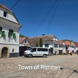 Uniform white houses with green shutters