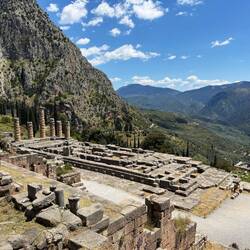 Overview of the Delphi site on Mount Parnassus and Temple of Apollo