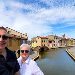 From the top of Ponte di San Pietro with the single arch Ponte dei Sisti behind us — Comacchio.