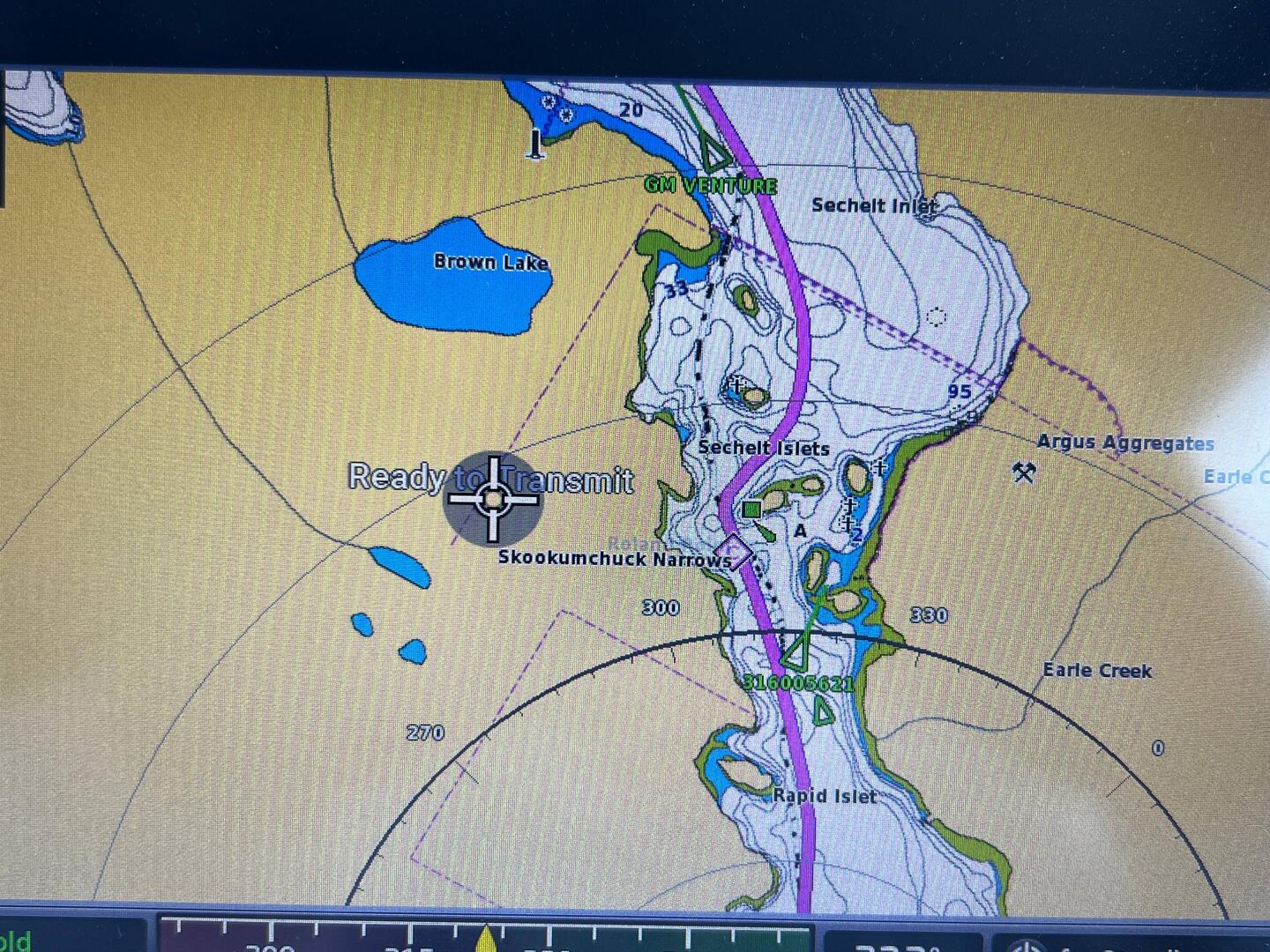 Purple is my track thru Sechelt Rapids today. (Dashed line was coming in two days ago.)