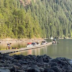 Our three boats are together. There are two other boats at the end of the dock.