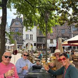 Happy reunion drinks in the square in Tours with Gavan and Elaine