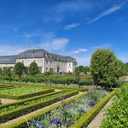 The vegetable gardens have flower beds on the fringes to attract the bees