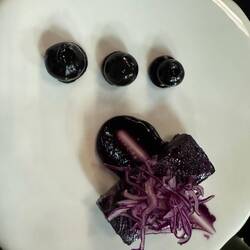 purple rain. Cured salmon with red cabbage, and blueberries.