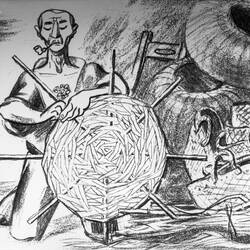 Drawing showing a man weaving an eel pot — Manifattura dei Marinati.