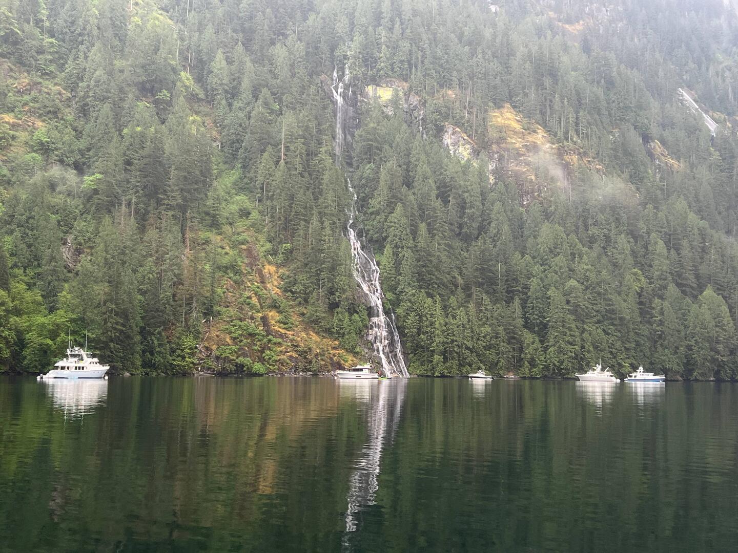 Boats still at Chatterbox Falls when we left. They are on some mooring buoys.