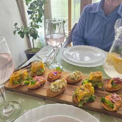 Tapas of lard spread, patata frittata and smoked trout