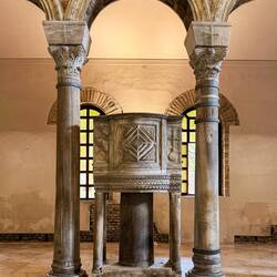 Ancient marble pulpit; referred to as the Arian pulpit ... Basilica di Sant'Apollinare Nuovo.