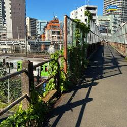 Across a bridge over the railway tracks over Shinjuku Station