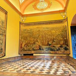 Tapestry of Ships Unloading Treasures from New World