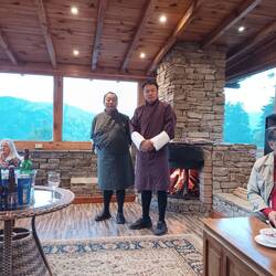 Farewell toast at the hotel, Naxsel. Ugen (driver) and Sonam (tour leader).